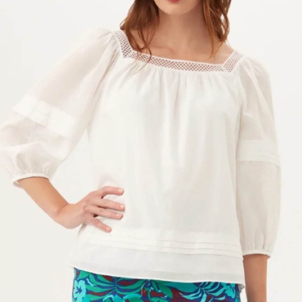 NWT Trina Turk Sz L Elarsa White Blouse with Mesh Detail - Picture 2 of 5
